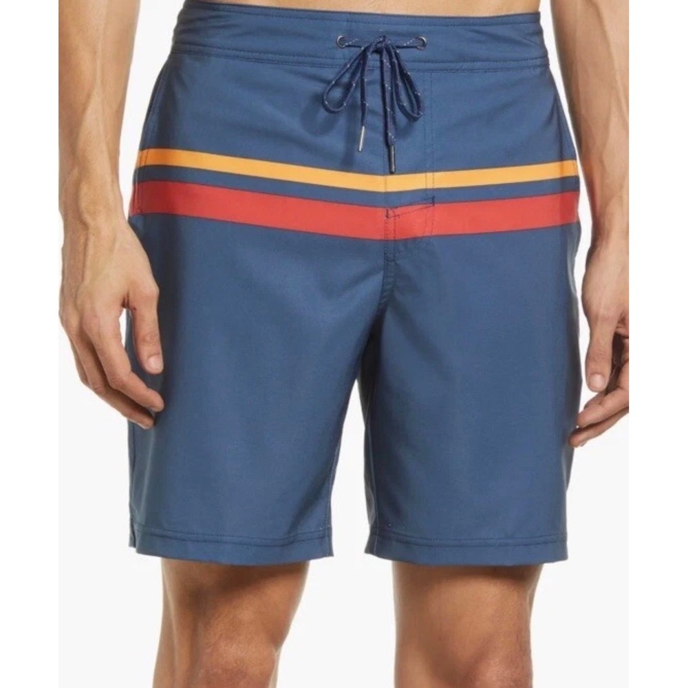 Fair Harbor The Anchor Men's XL Swim Trunks Navy Blue Striped 8" Board Shorts